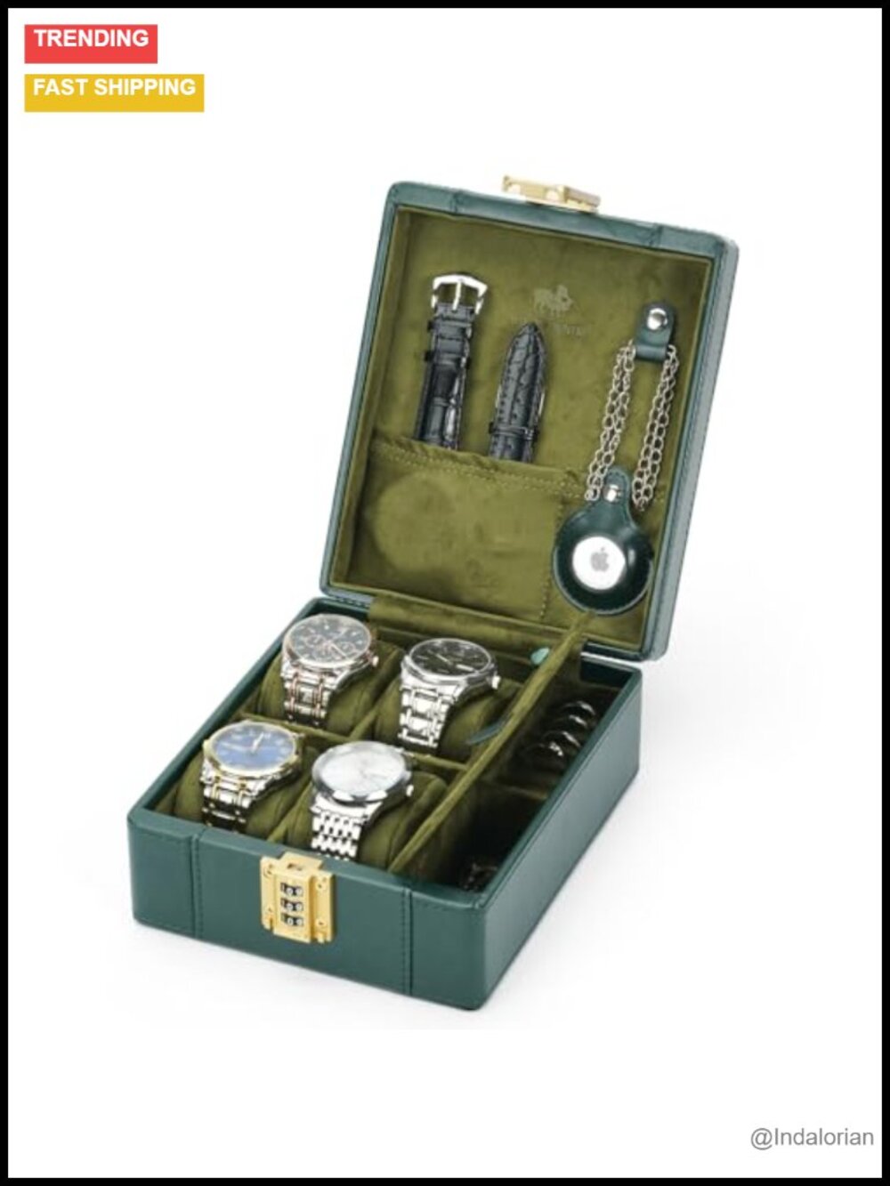 PU Leather 4-Watch Travel Case Combination Lock Jewelry Organizer